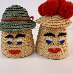 German Egg Cosies Pair Green Alpine Hat Red Poms Bollenhut Hat Faces Vtg Rare